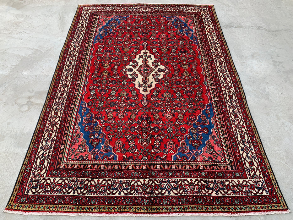 Handgemaakt Perzisch wollen vloerkleed 7x10 - Rood, blauw & ivoor traditioneel medaillon Perzische stijl kleed - Exacte afmetingen 10'0" x 6'11" - KBHM-1093