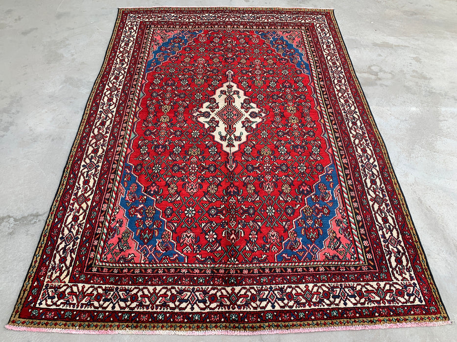 Handgemaakt Perzisch wollen vloerkleed 7x10 - Rood, blauw & ivoor traditioneel medaillon Perzische stijl kleed - Exacte afmetingen 10'0" x 6'11" - KBHM-1093