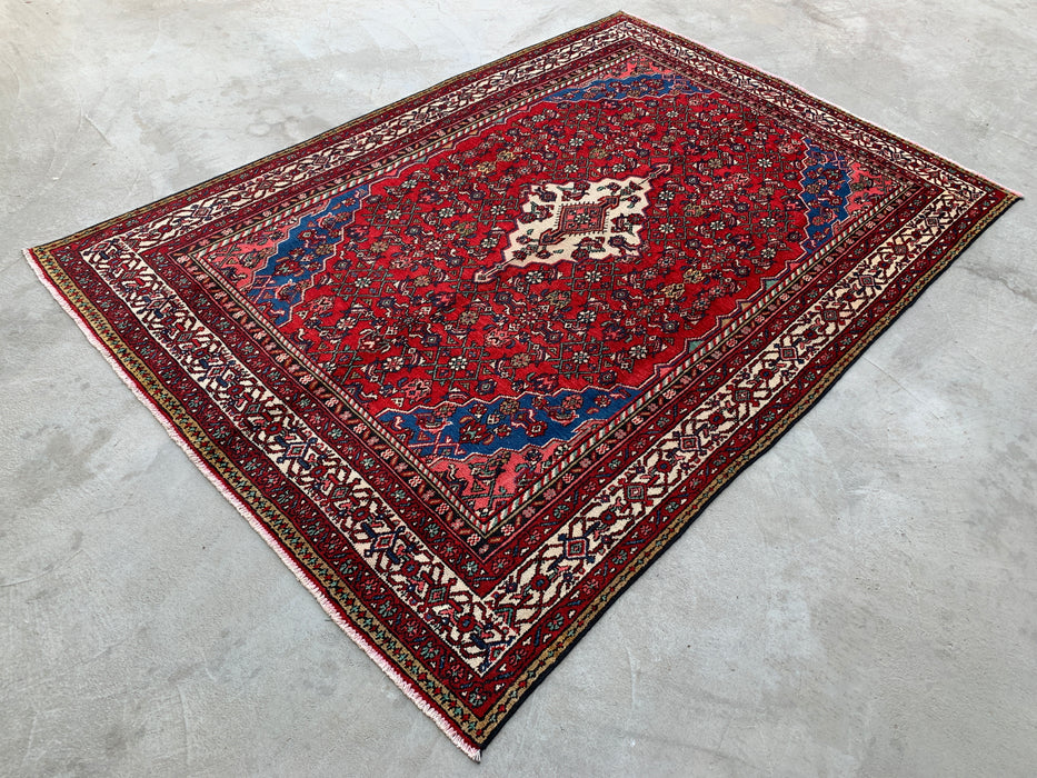 Handgemaakt Perzisch wollen vloerkleed 7x10 - Rood, blauw & ivoor traditioneel medaillon Perzische stijl kleed - Exacte afmetingen 10'0" x 6'11" - KBHM-1093