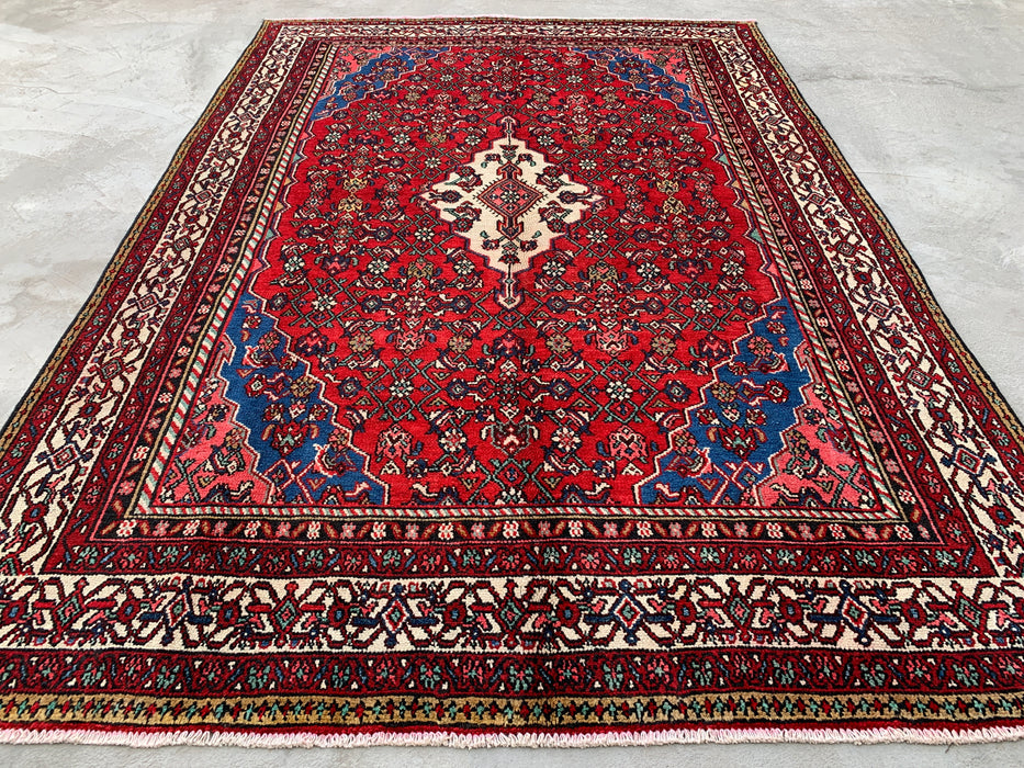 Handgemaakt Perzisch wollen vloerkleed 7x10 - Rood, blauw & ivoor traditioneel medaillon Perzische stijl kleed - Exacte afmetingen 10'0" x 6'11" - KBHM-1093