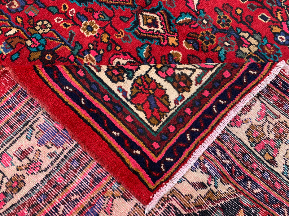 Handgemaakt Perzisch wollen vloerkleed 213x305 - Rood, ivoor & marineblauw traditioneel Perzisch tapijt met bloemenmedaillon - Exacte afmeting 300 cm x 216 cm - KBHM-1094