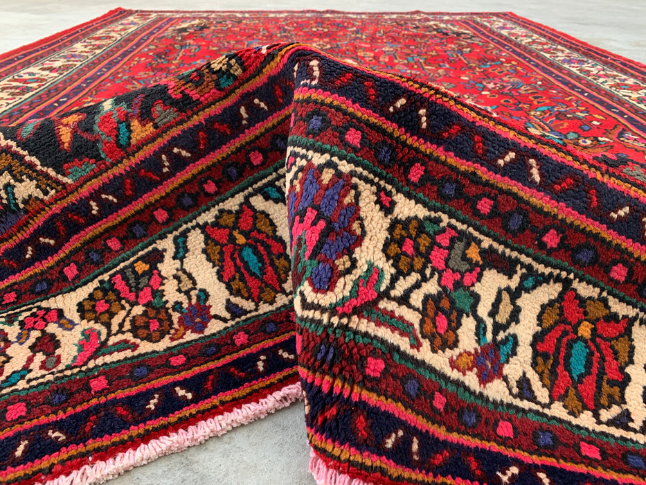 Handgemaakt Perzisch wollen vloerkleed 213x305 - Rood, ivoor & marineblauw traditioneel Perzisch tapijt met bloemenmedaillon - Exacte afmeting 300 cm x 216 cm - KBHM-1094