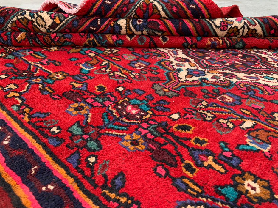 Handgemaakt Perzisch wollen vloerkleed 213x305 - Rood, ivoor & marineblauw traditioneel Perzisch tapijt met bloemenmedaillon - Exacte afmeting 300 cm x 216 cm - KBHM-1094