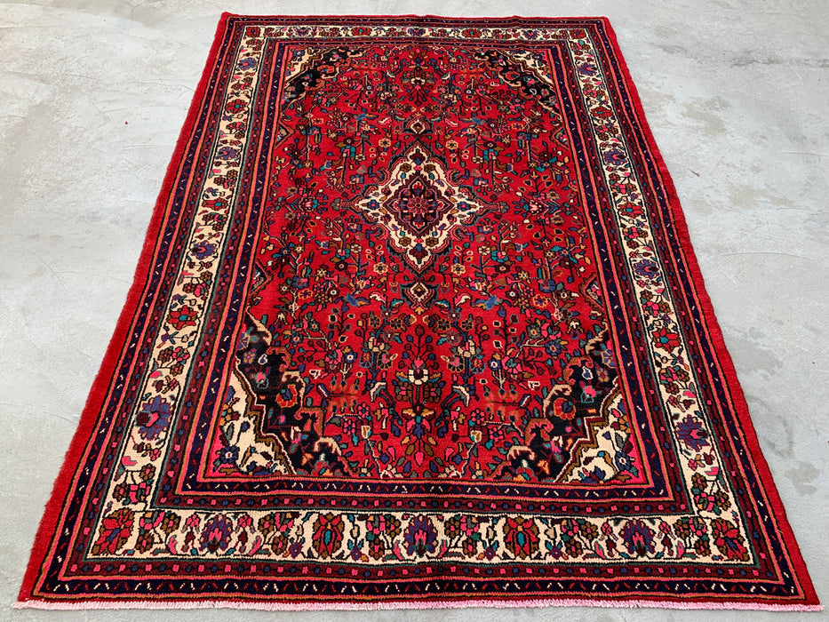 Handgemaakt Perzisch wollen vloerkleed 213x305 - Rood, ivoor & marineblauw traditioneel Perzisch tapijt met bloemenmedaillon - Exacte afmeting 300 cm x 216 cm - KBHM-1094