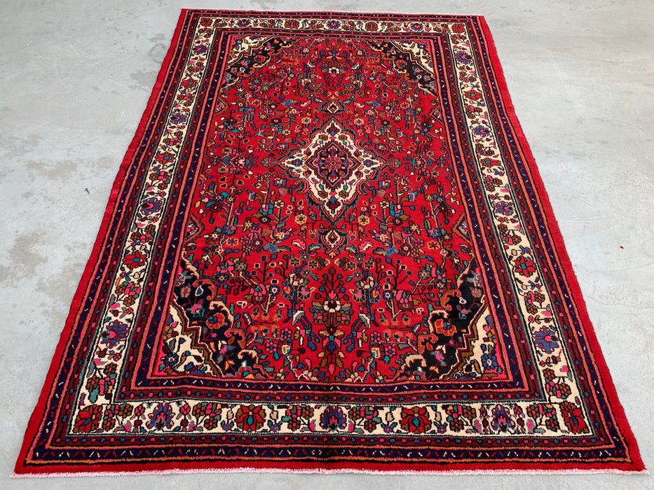 Handgemaakt Perzisch wollen vloerkleed 213x305 - Rood, ivoor & marineblauw traditioneel Perzisch tapijt met bloemenmedaillon - Exacte afmeting 300 cm x 216 cm - KBHM-1094