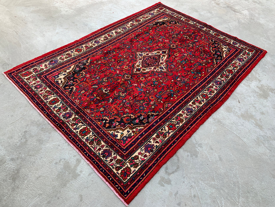 Handgemaakt Perzisch wollen vloerkleed 213x305 - Rood, ivoor & marineblauw traditioneel Perzisch tapijt met bloemenmedaillon - Exacte afmeting 300 cm x 216 cm - KBHM-1094