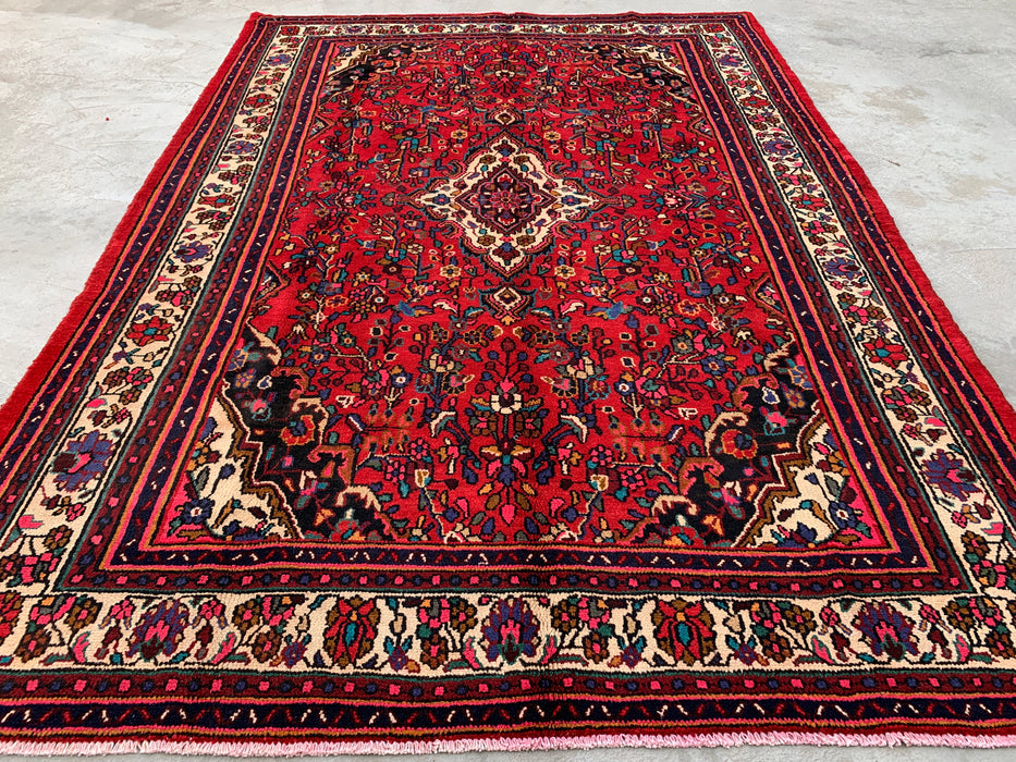 Handgemaakt Perzisch wollen vloerkleed 213x305 - Rood, ivoor & marineblauw traditioneel Perzisch tapijt met bloemenmedaillon - Exacte afmeting 300 cm x 216 cm - KBHM-1094