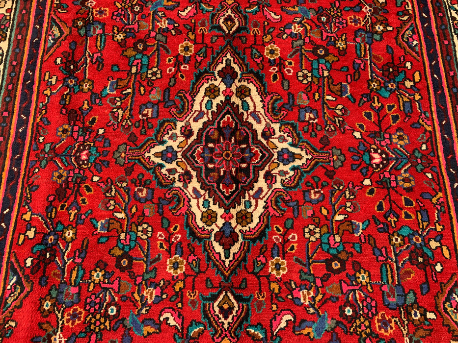 Handgemaakt Perzisch wollen vloerkleed 213x305 - Rood, ivoor & marineblauw traditioneel Perzisch tapijt met bloemenmedaillon - Exacte afmeting 300 cm x 216 cm - KBHM-1094