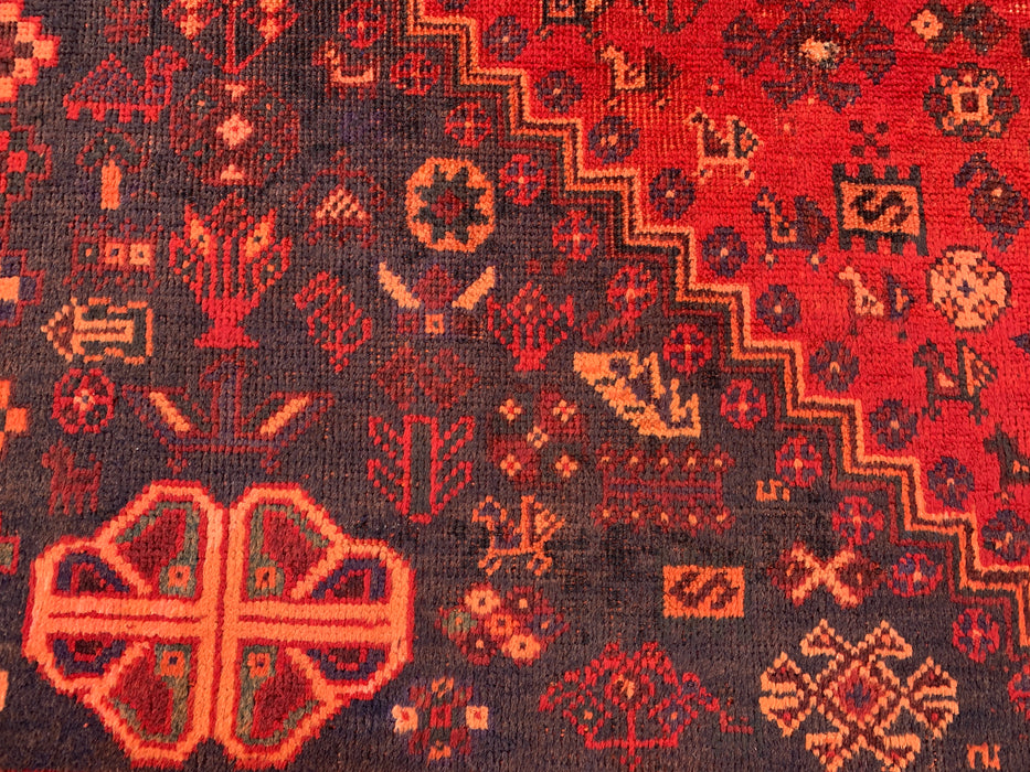 Handgemaakt Perzisch wollen vloerkleed 7x10 - Rood, marineblauw & roestkleurig tribaal medaillon Perzisch stijl kleed - Exacte afmeting 9'9" x 6'6" - KBHM-1095