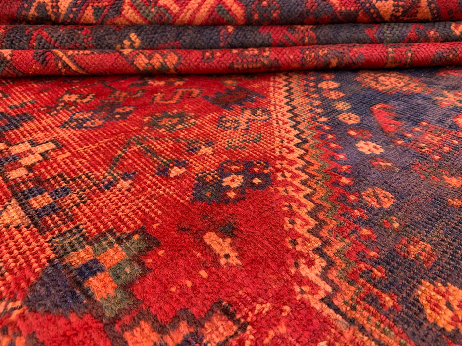 Handgemaakt Perzisch wollen vloerkleed 7x10 - Rood, marineblauw & roestkleurig tribaal medaillon Perzisch stijl kleed - Exacte afmeting 9'9" x 6'6" - KBHM-1095