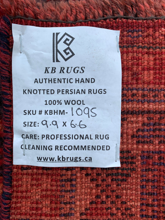 Handgemaakt Perzisch wollen vloerkleed 7x10 - Rood, marineblauw & roestkleurig tribaal medaillon Perzisch stijl kleed - Exacte afmeting 9'9" x 6'6" - KBHM-1095