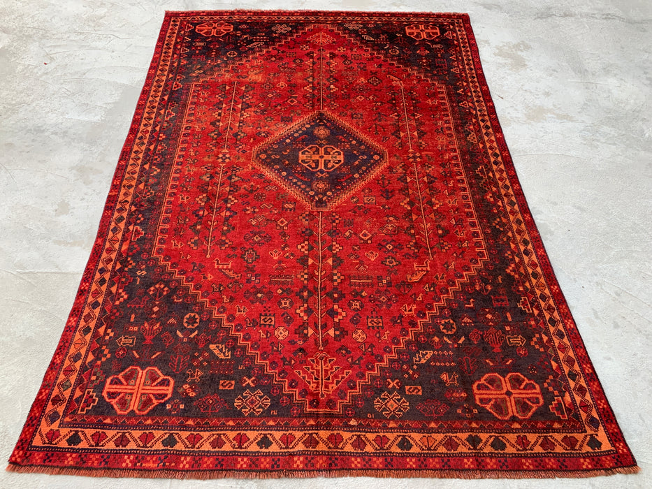 Handgemaakt Perzisch wollen vloerkleed 7x10 - Rood, marineblauw & roestkleurig tribaal medaillon Perzisch stijl kleed - Exacte afmeting 9'9" x 6'6" - KBHM-1095