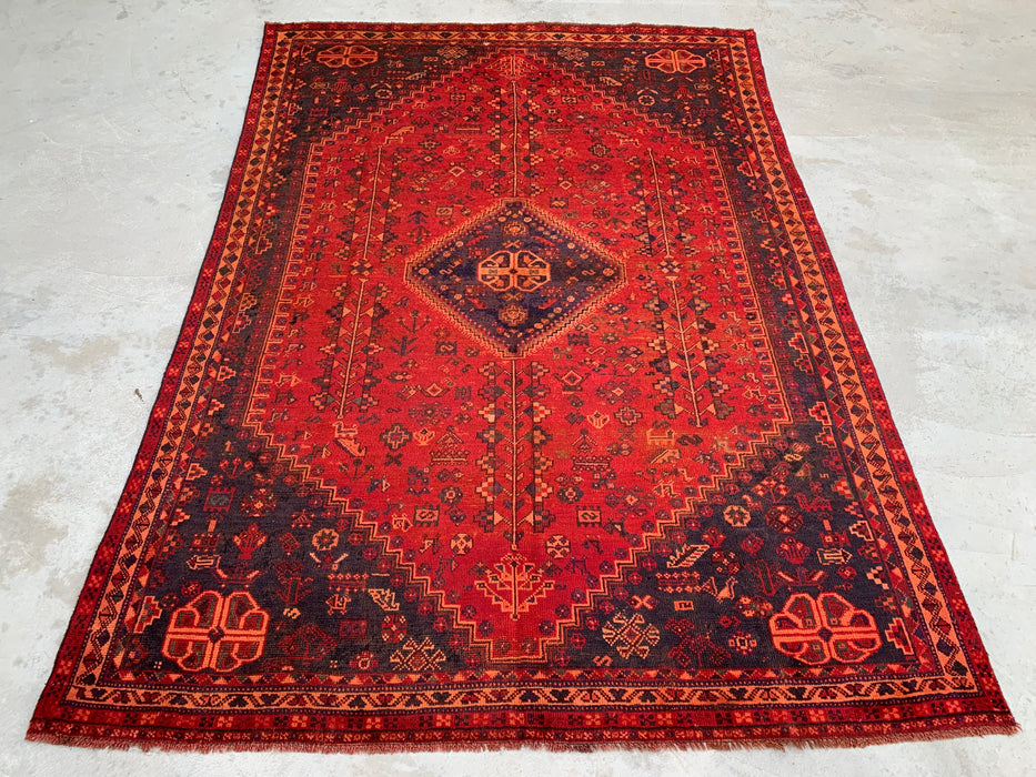 Handgemaakt Perzisch wollen vloerkleed 7x10 - Rood, marineblauw & roestkleurig tribaal medaillon Perzisch stijl kleed - Exacte afmeting 9'9" x 6'6" - KBHM-1095