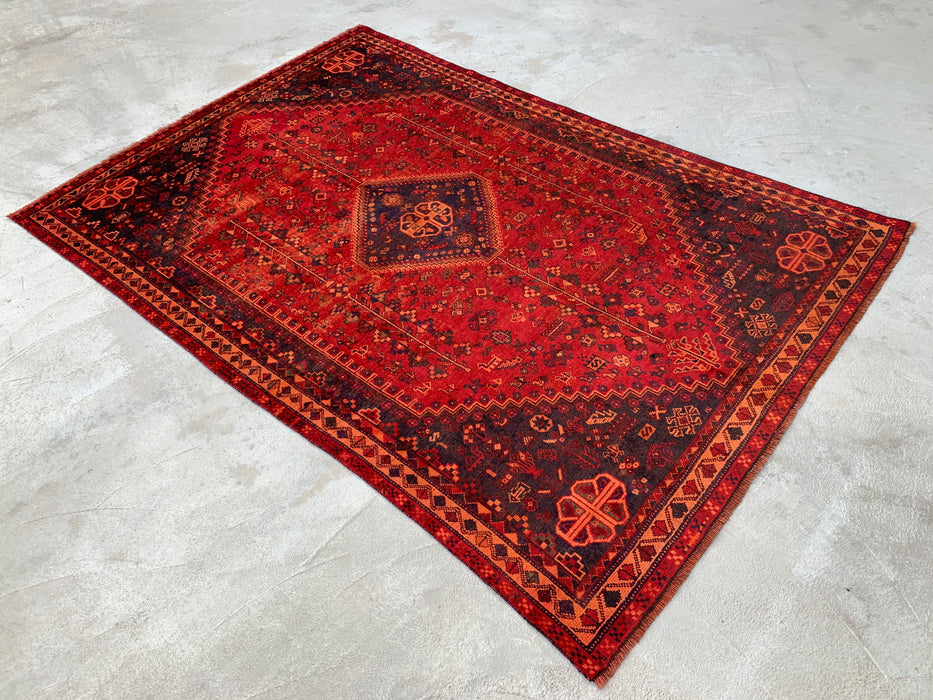 Handgemaakt Perzisch wollen vloerkleed 7x10 - Rood, marineblauw & roestkleurig tribaal medaillon Perzisch stijl kleed - Exacte afmeting 9'9" x 6'6" - KBHM-1095