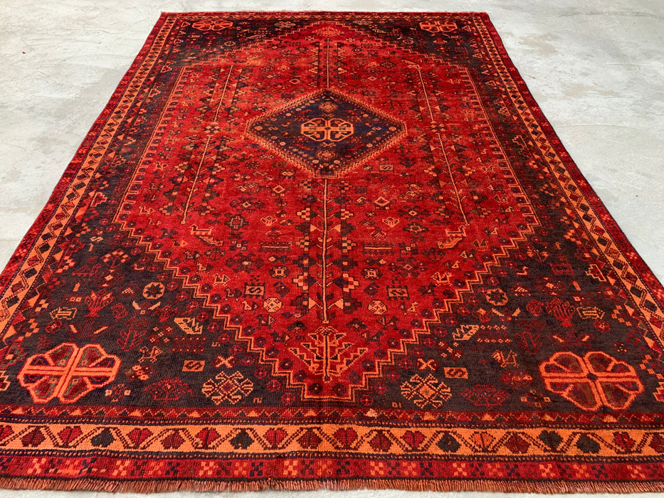Handgemaakt Perzisch wollen vloerkleed 7x10 - Rood, marineblauw & roestkleurig tribaal medaillon Perzisch stijl kleed - Exacte afmeting 9'9" x 6'6" - KBHM-1095