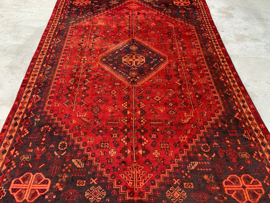 Handgemaakt Perzisch wollen vloerkleed 7x10 - Rood, marineblauw & roestkleurig tribaal medaillon Perzisch stijl kleed - Exacte afmeting 9'9" x 6'6" - KBHM-1095
