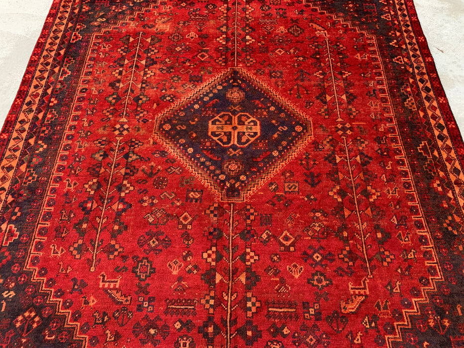 Handgemaakt Perzisch wollen vloerkleed 7x10 - Rood, marineblauw & roestkleurig tribaal medaillon Perzisch stijl kleed - Exacte afmeting 9'9" x 6'6" - KBHM-1095