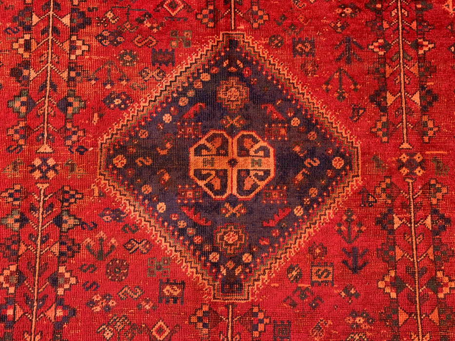 Handgemaakt Perzisch wollen vloerkleed 7x10 - Rood, marineblauw & roestkleurig tribaal medaillon Perzisch stijl kleed - Exacte afmeting 9'9" x 6'6" - KBHM-1095