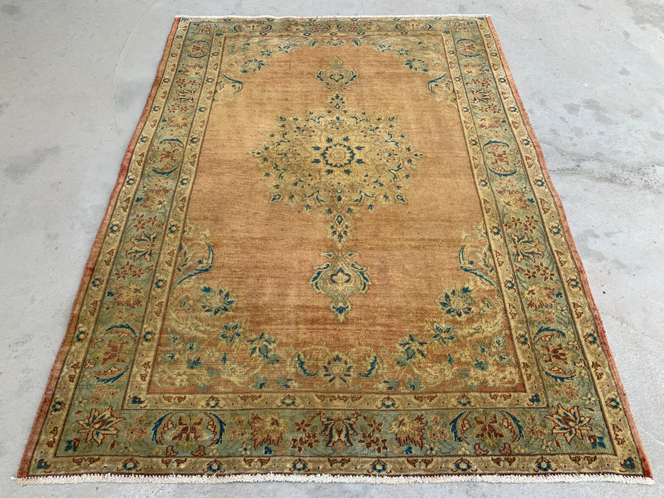 KBHM-1098 Handgeknoopt Perzisch wollen tapijt – 152 x 114 cm – Beige, lichtblauw & zacht goud traditioneel medaillontapijt