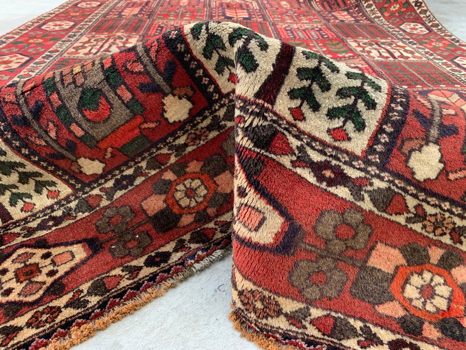 Handgemaakt Perzisch wollen vloerkleed 7x10 - Perzisch tapijt in rood, ivoor & bruin met panelen - Exacte maat 10'5" x 6'8" - KBHM-1101
