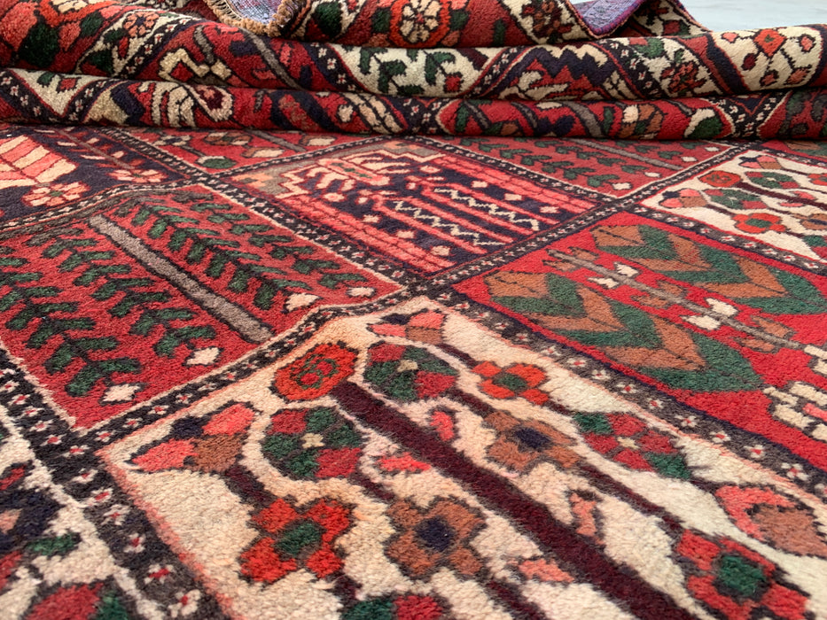 Handgemaakt Perzisch wollen vloerkleed 7x10 - Perzisch tapijt in rood, ivoor & bruin met panelen - Exacte maat 10'5" x 6'8" - KBHM-1101