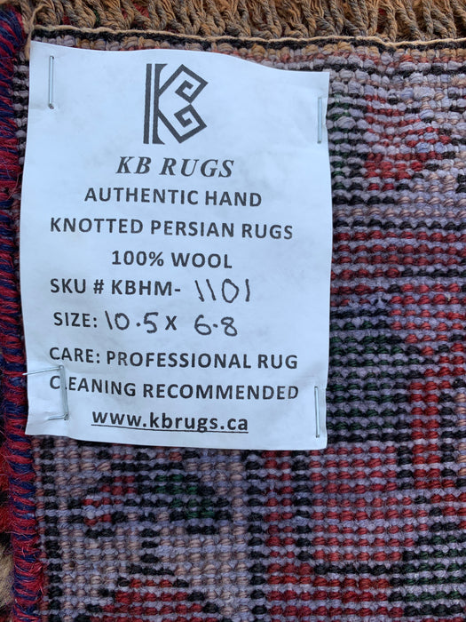 Handgemaakt Perzisch wollen vloerkleed 7x10 - Perzisch tapijt in rood, ivoor & bruin met panelen - Exacte maat 10'5" x 6'8" - KBHM-1101