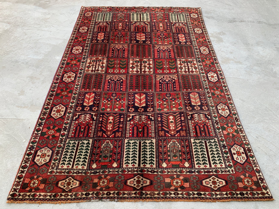 Handgemaakt Perzisch wollen vloerkleed 7x10 - Perzisch tapijt in rood, ivoor & bruin met panelen - Exacte maat 10'5" x 6'8" - KBHM-1101