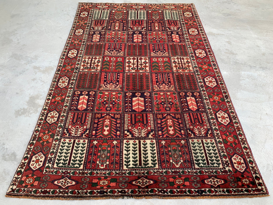 Handgemaakt Perzisch wollen vloerkleed 7x10 - Perzisch tapijt in rood, ivoor & bruin met panelen - Exacte maat 10'5" x 6'8" - KBHM-1101