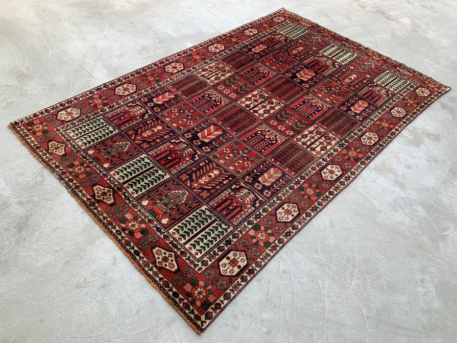 Handgemaakt Perzisch wollen vloerkleed 7x10 - Perzisch tapijt in rood, ivoor & bruin met panelen - Exacte maat 10'5" x 6'8" - KBHM-1101