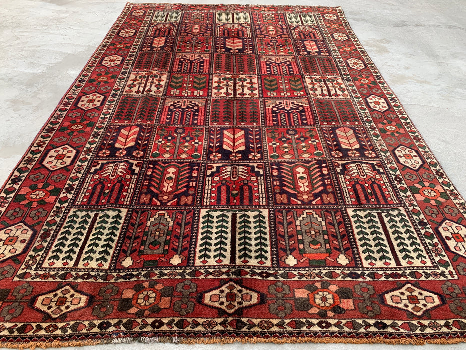Handgemaakt Perzisch wollen vloerkleed 7x10 - Perzisch tapijt in rood, ivoor & bruin met panelen - Exacte maat 10'5" x 6'8" - KBHM-1101