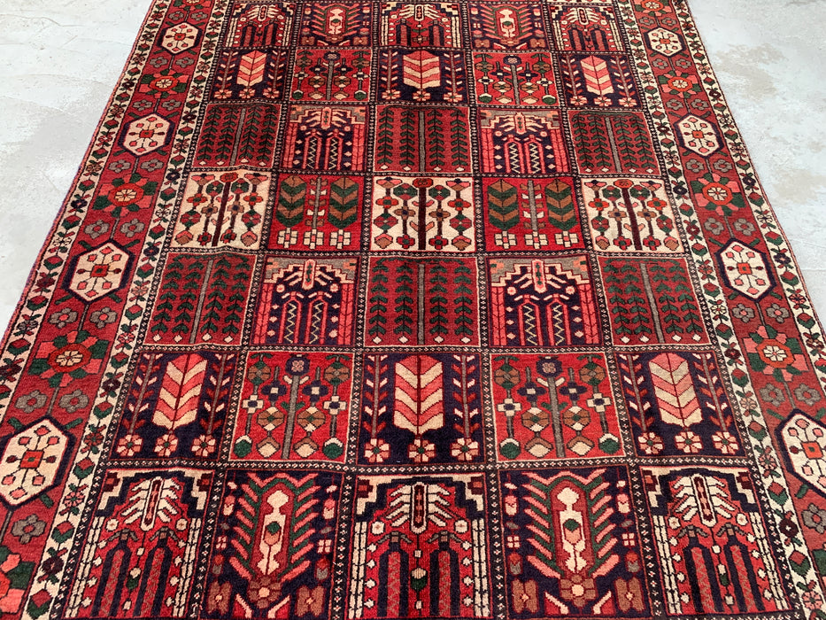 Handgemaakt Perzisch wollen vloerkleed 7x10 - Perzisch tapijt in rood, ivoor & bruin met panelen - Exacte maat 10'5" x 6'8" - KBHM-1101