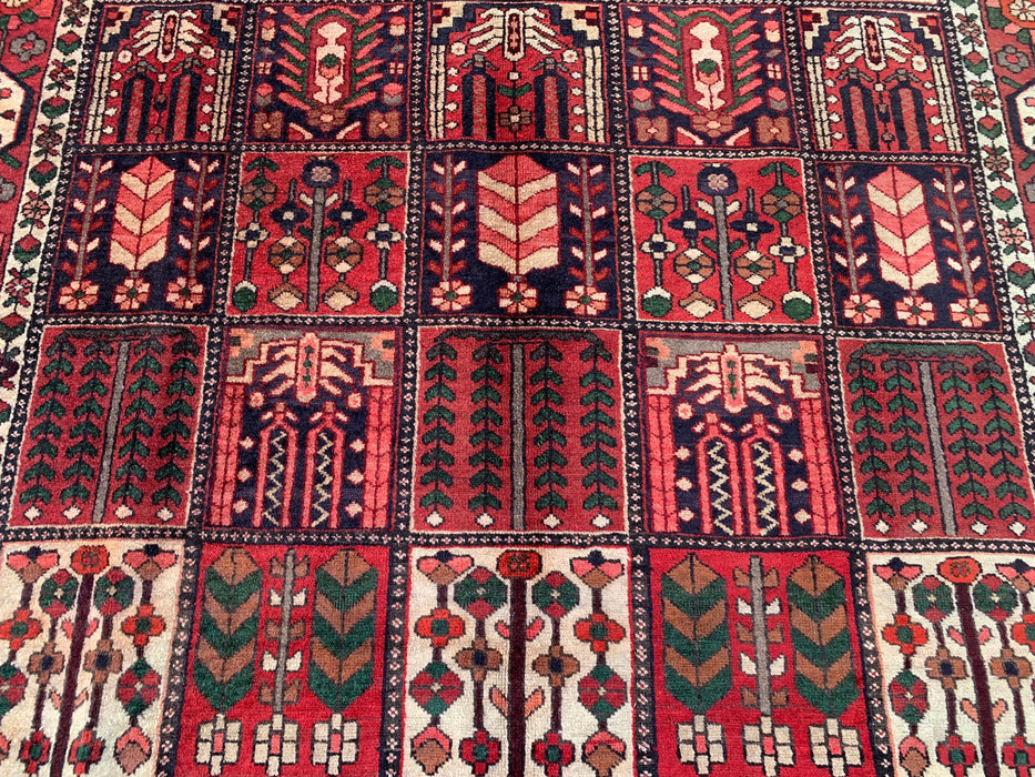 Handgemaakt Perzisch wollen vloerkleed 7x10 - Perzisch tapijt in rood, ivoor & bruin met panelen - Exacte maat 10'5" x 6'8" - KBHM-1101