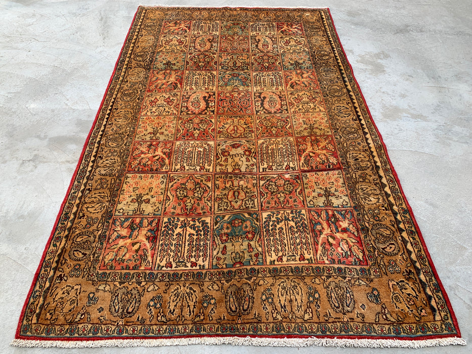 8'10 x 5'4 handgeknoopt Perzisch wollen tapijt in beige, blauw, roest & goud, traditioneel paneel-tuinontwerp | KBHM-1102