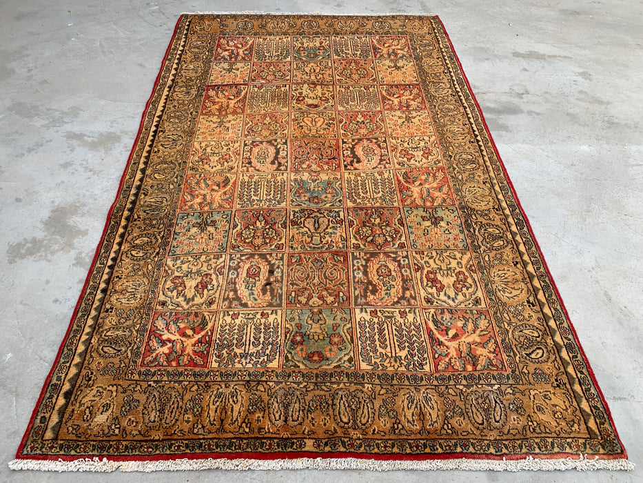 8'10 x 5'4 handgeknoopt Perzisch wollen tapijt in beige, blauw, roest & goud, traditioneel paneel-tuinontwerp | KBHM-1102