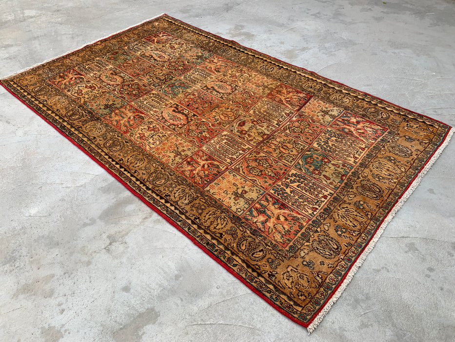 8'10 x 5'4 handgeknoopt Perzisch wollen tapijt in beige, blauw, roest & goud, traditioneel paneel-tuinontwerp | KBHM-1102