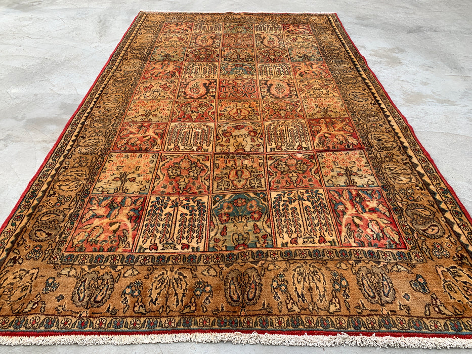8'10 x 5'4 handgeknoopt Perzisch wollen tapijt in beige, blauw, roest & goud, traditioneel paneel-tuinontwerp | KBHM-1102
