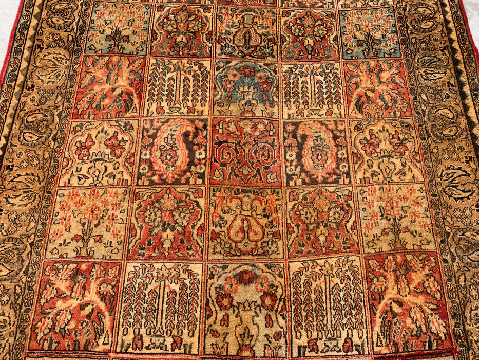 8'10 x 5'4 handgeknoopt Perzisch wollen tapijt in beige, blauw, roest & goud, traditioneel paneel-tuinontwerp | KBHM-1102