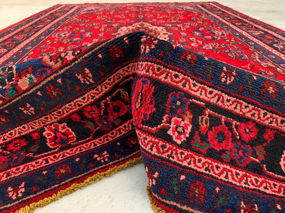 Handgemaakt Perzisch wollen karpet 7x10 - Rood, marineblauw & ivoorkleurig traditioneel Perzisch vloerkleed met medaillon - Exacte afmeting 10'8" x 6'11" - KBHM-1103