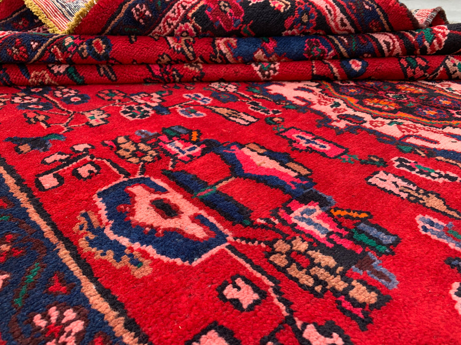 Handgemaakt Perzisch wollen karpet 7x10 - Rood, marineblauw & ivoorkleurig traditioneel Perzisch vloerkleed met medaillon - Exacte afmeting 10'8" x 6'11" - KBHM-1103