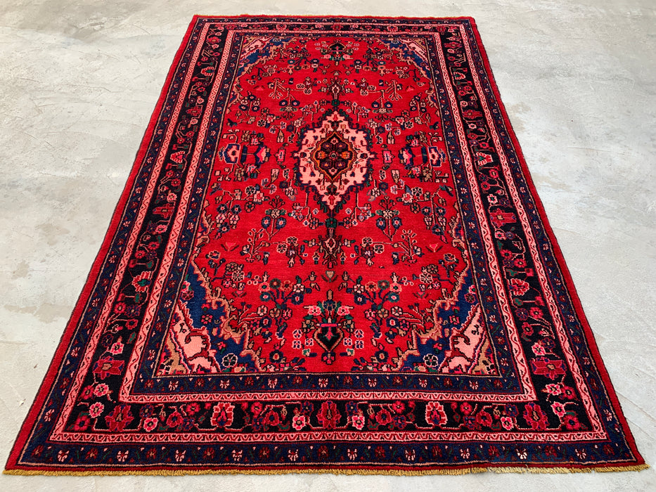 Handgemaakt Perzisch wollen karpet 7x10 - Rood, marineblauw & ivoorkleurig traditioneel Perzisch vloerkleed met medaillon - Exacte afmeting 10'8" x 6'11" - KBHM-1103