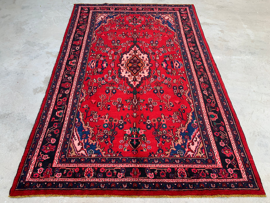 Handgemaakt Perzisch wollen karpet 7x10 - Rood, marineblauw & ivoorkleurig traditioneel Perzisch vloerkleed met medaillon - Exacte afmeting 10'8" x 6'11" - KBHM-1103