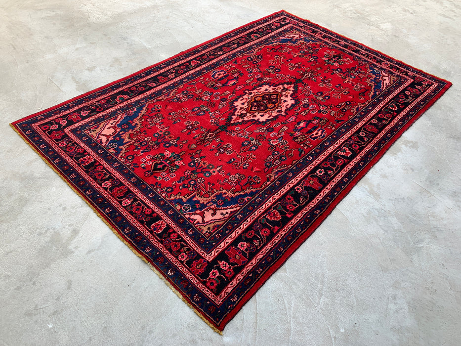 Handgemaakt Perzisch wollen karpet 7x10 - Rood, marineblauw & ivoorkleurig traditioneel Perzisch vloerkleed met medaillon - Exacte afmeting 10'8" x 6'11" - KBHM-1103