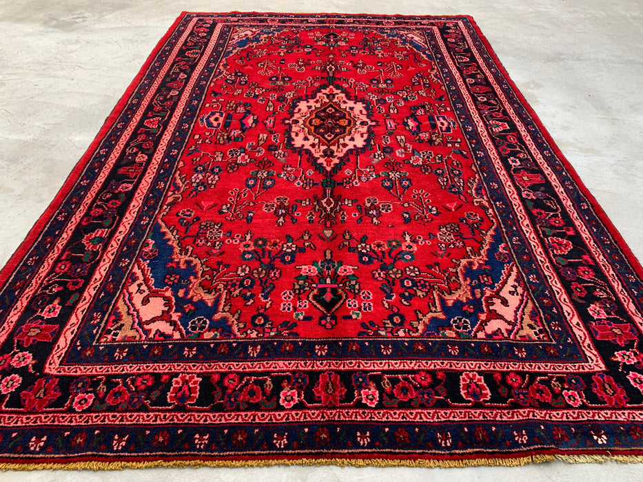 Handgemaakt Perzisch wollen karpet 7x10 - Rood, marineblauw & ivoorkleurig traditioneel Perzisch vloerkleed met medaillon - Exacte afmeting 10'8" x 6'11" - KBHM-1103