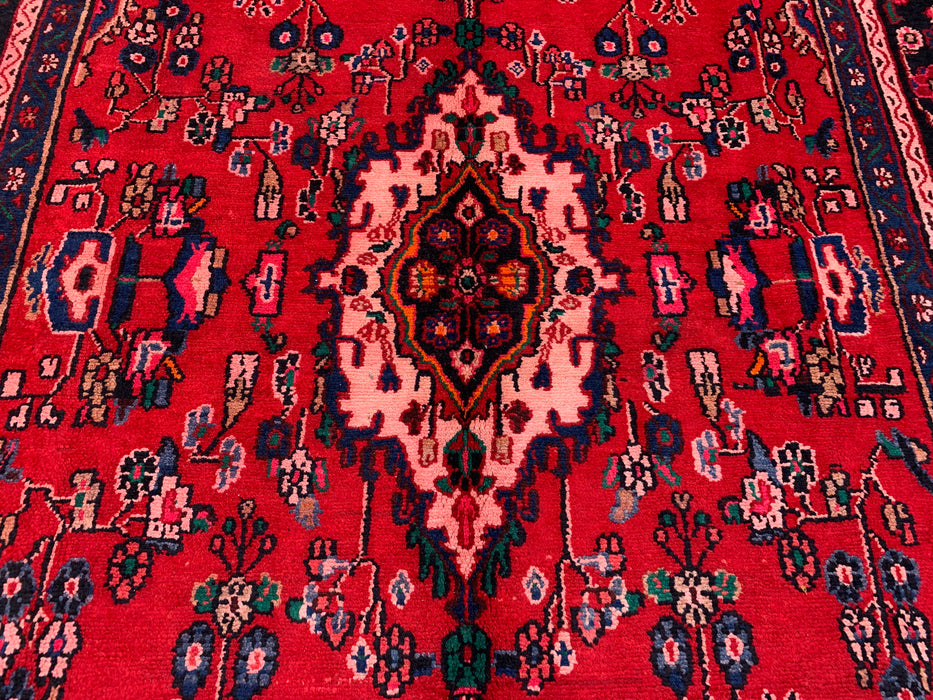 Handgemaakt Perzisch wollen karpet 7x10 - Rood, marineblauw & ivoorkleurig traditioneel Perzisch vloerkleed met medaillon - Exacte afmeting 10'8" x 6'11" - KBHM-1103