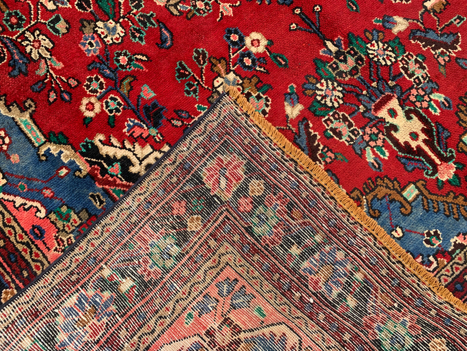 Handgemaakt Perzisch wollen vloerkleed 7x10 - Rood, blauw en ivoor traditioneel Perzisch bloemenkleed - Exacte maat 9'8" x 6'9" - KBHM-1104