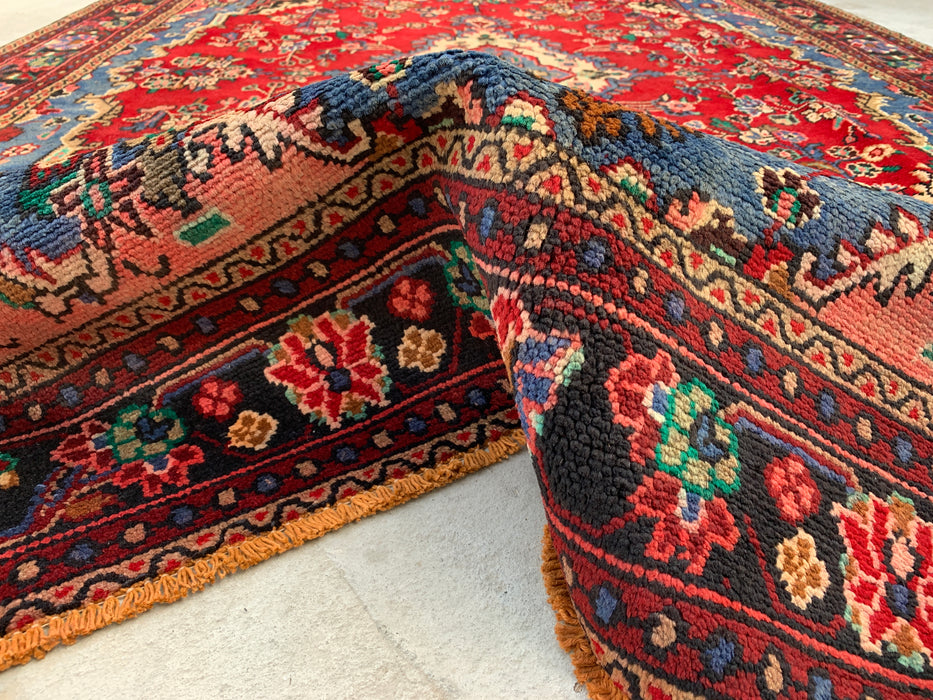 Handgemaakt Perzisch wollen vloerkleed 7x10 - Rood, blauw en ivoor traditioneel Perzisch bloemenkleed - Exacte maat 9'8" x 6'9" - KBHM-1104