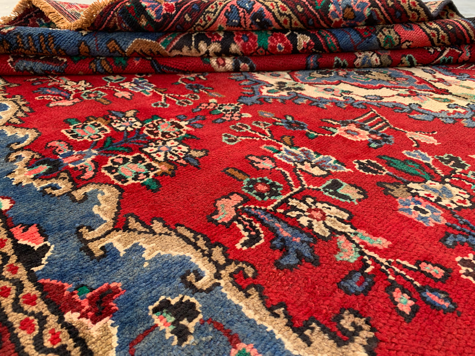 Handgemaakt Perzisch wollen vloerkleed 7x10 - Rood, blauw en ivoor traditioneel Perzisch bloemenkleed - Exacte maat 9'8" x 6'9" - KBHM-1104