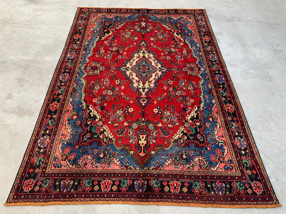 Handgemaakt Perzisch wollen vloerkleed 7x10 - Rood, blauw en ivoor traditioneel Perzisch bloemenkleed - Exacte maat 9'8" x 6'9" - KBHM-1104