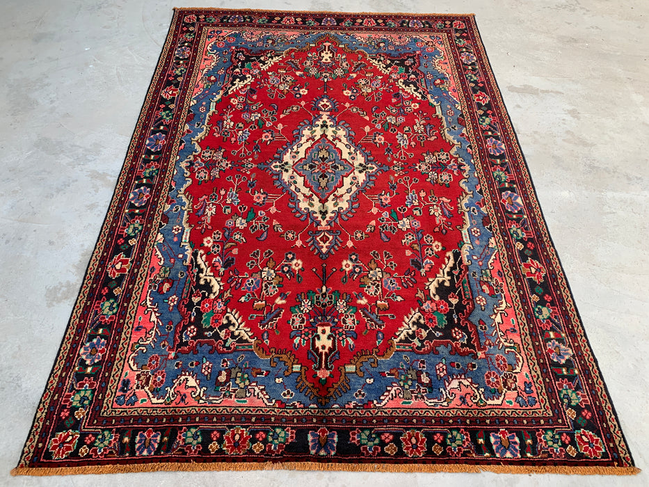Handgemaakt Perzisch wollen vloerkleed 7x10 - Rood, blauw en ivoor traditioneel Perzisch bloemenkleed - Exacte maat 9'8" x 6'9" - KBHM-1104