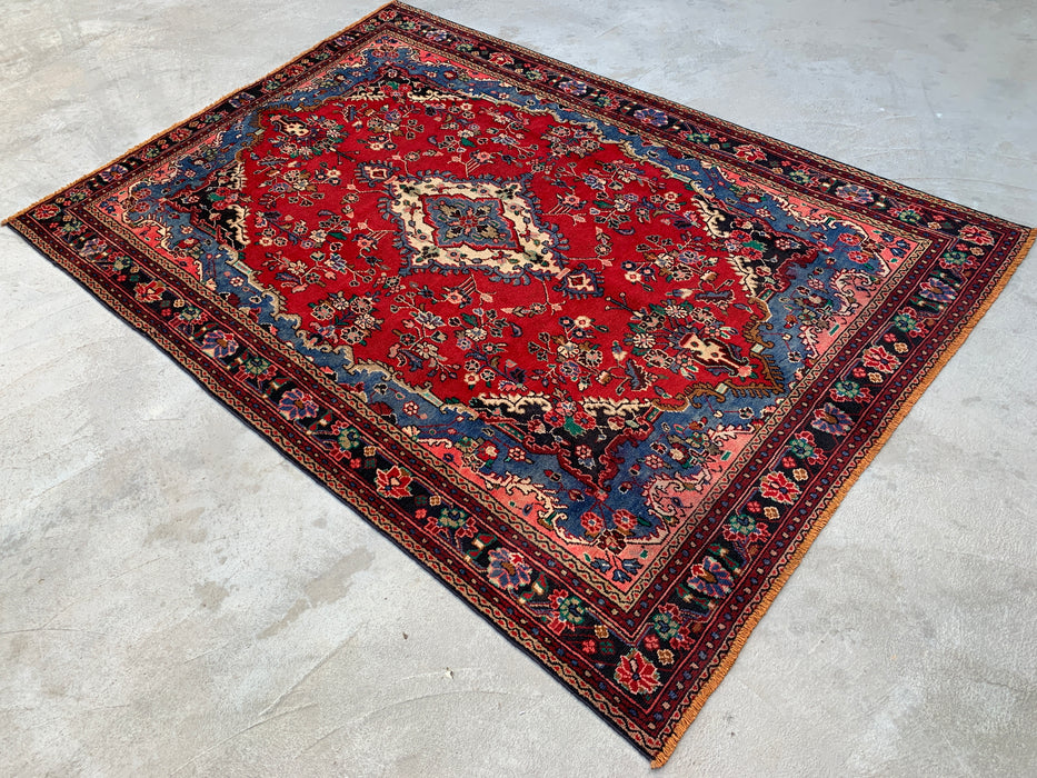 Handgemaakt Perzisch wollen vloerkleed 7x10 - Rood, blauw en ivoor traditioneel Perzisch bloemenkleed - Exacte maat 9'8" x 6'9" - KBHM-1104